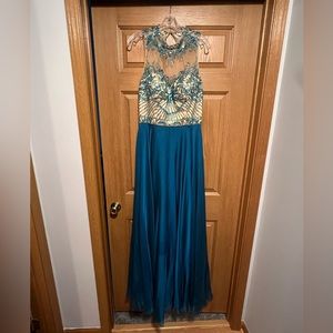 Beaded Teal Floor Length Dress, 14